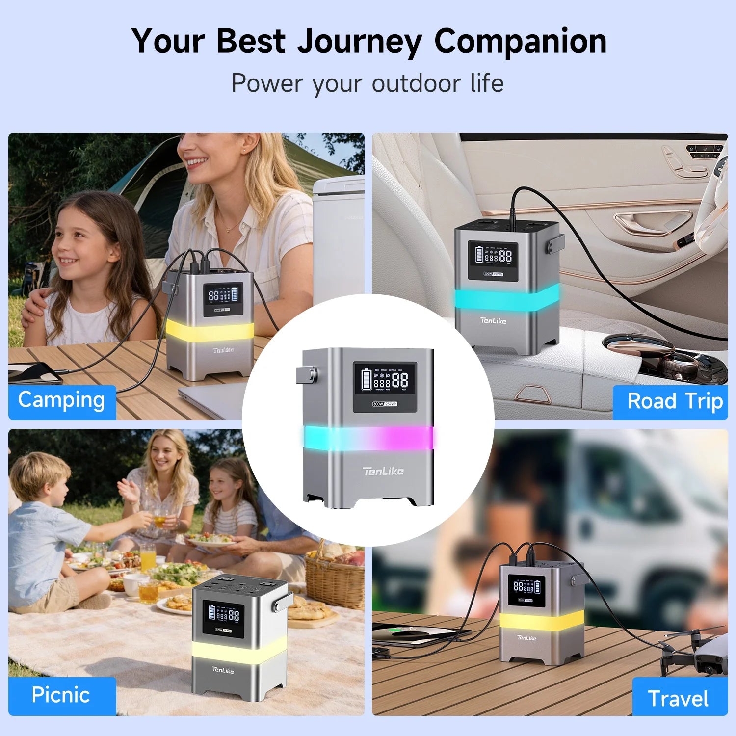 Portable Power Station, 300W 257Wh with Color LED Light, PD 100W Two-Way Fast Charge, AC Outlet Pure Sine Wave, DC, USB-A/USB-C, 120V Portable Power Bank for Camping Home Outdoor Use