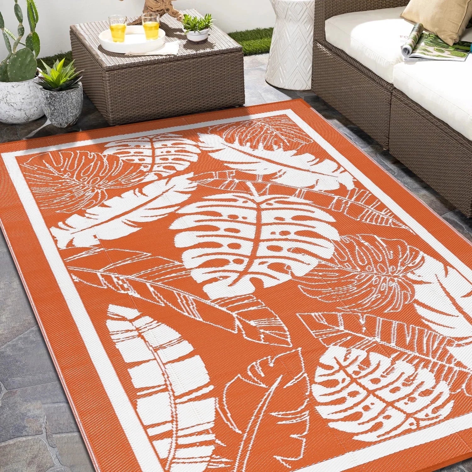 6'X9' Outdoor Rug Patios Rug Waterproof RV Outdoor Rug Camping Rugs Reversible Plastic Straw Rug Large Outdoor Mat Outdoor Area Rug for Camping,Balcony Apartment,Patio,Picnic,Beach Orange