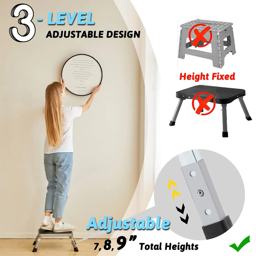 RV Step Stool Folding Platform Step, Gray Stainless Steel, for RV, Motorhome, Trailer, SUV, Camper, with Anti-Slip Surface, Rubber Feet, 1 Piece
