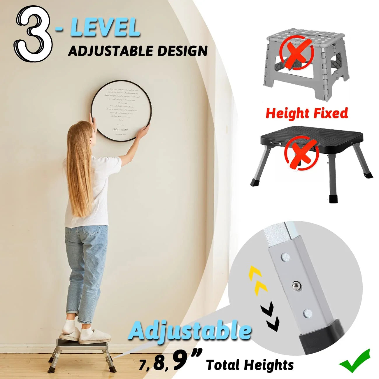 RV Step Stool Folding Platform Step, Gray Stainless Steel, for RV, Motorhome, Trailer, SUV, Camper, with Anti-Slip Surface, Rubber Feet, 1 Piece
