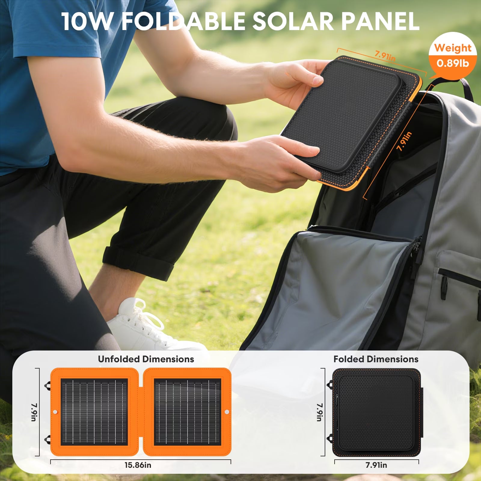 10W Solar Panels,Portable Charger with Dual Smart USB Fast Charging Output,Portable Solar Charger,Ipx5 Waterproof for Iphone,Ipad,Power Bank,Outdoor,Hiking,Camping(Orange）