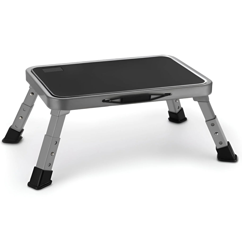 RV Step Stool Folding Platform Step, Gray Stainless Steel, for RV, Motorhome, Trailer, SUV, Camper, with Anti-Slip Surface, Rubber Feet, 1 Piece