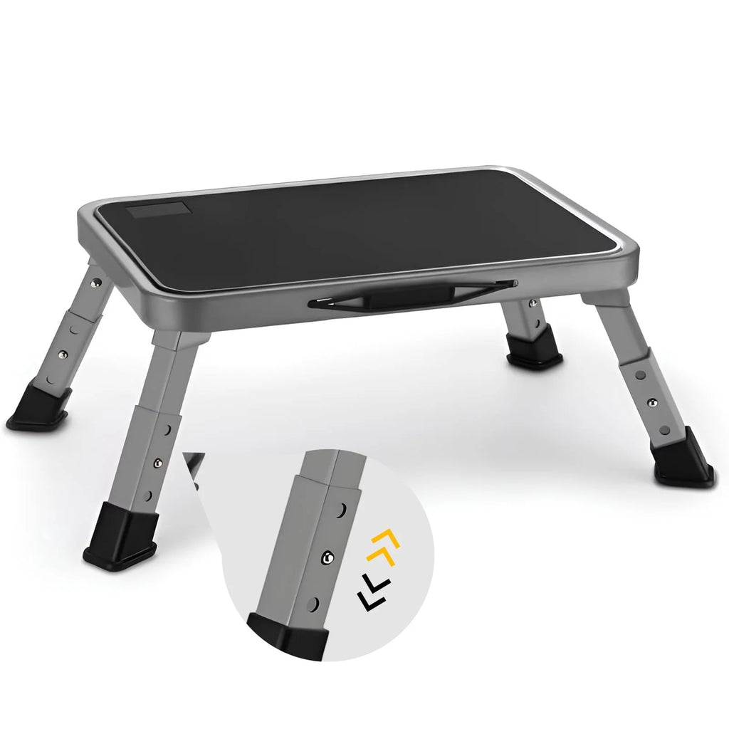 RV Step Stool Folding Platform Step, Gray Stainless Steel, for RV, Motorhome, Trailer, SUV, Camper, with Anti-Slip Surface, Rubber Feet, 1 Piece