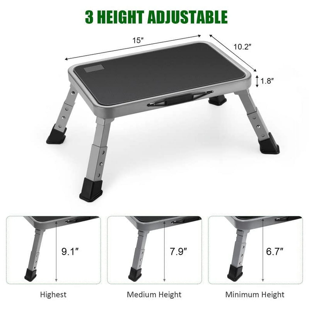 RV Step Stool Folding Platform Step, Gray Stainless Steel, for RV, Motorhome, Trailer, SUV, Camper, with Anti-Slip Surface, Rubber Feet, 1 Piece