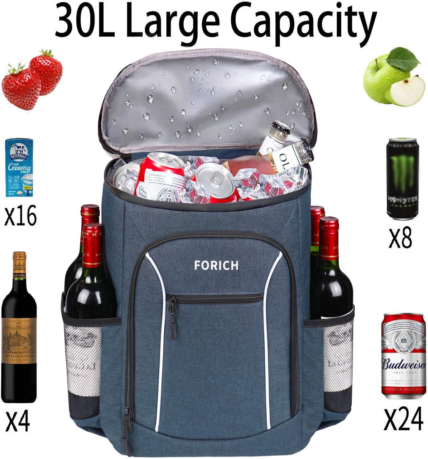 Cooler Backpack Portable Soft Backpack Coolers Insulated Leak Proof Large Cooler Bag for Men Women to Work Lunch Travel Beach Camping Hiking Picnic Fishing Beer Bottle Backpacks, 30 Cans (Blue)