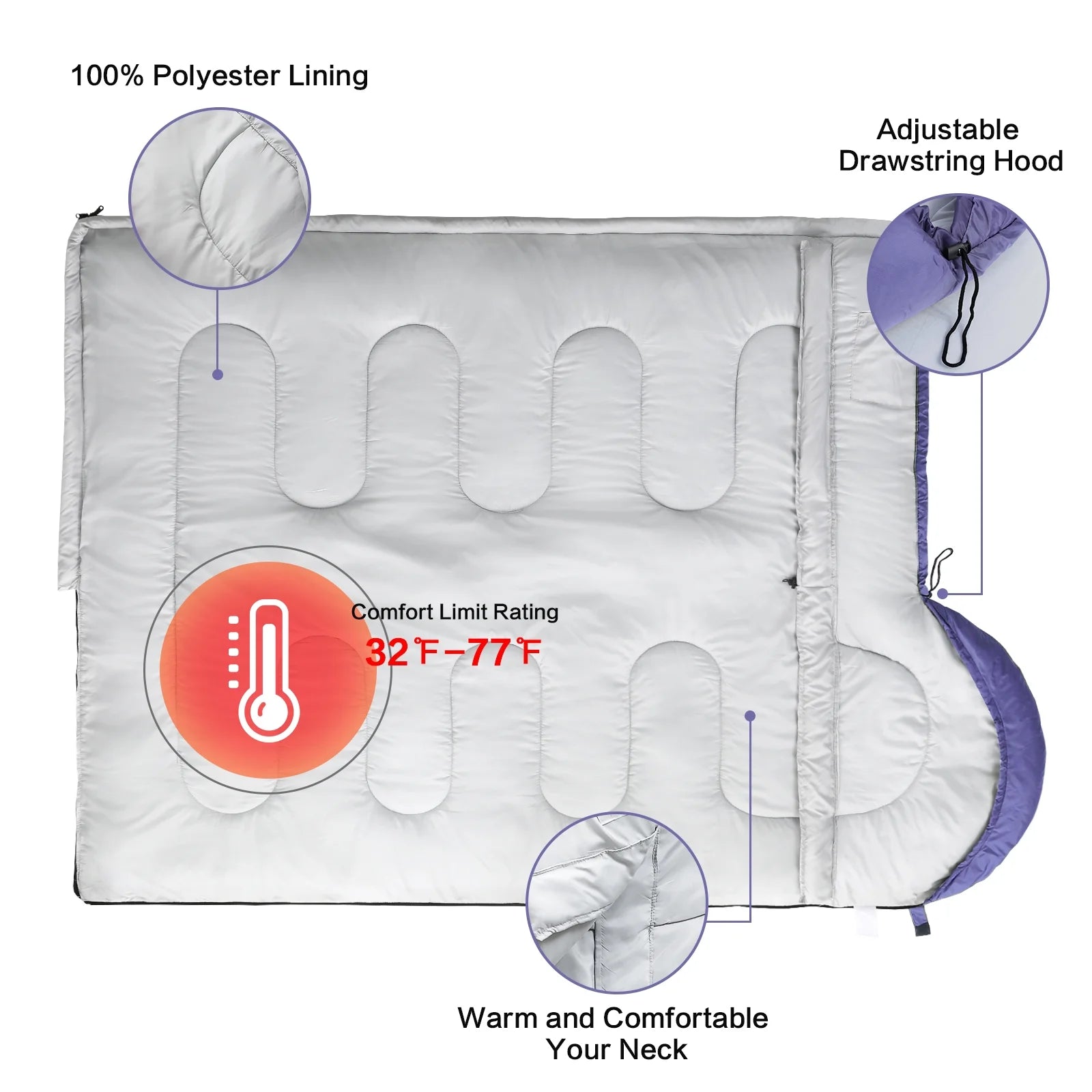 Single,Purple,Sleeping Bag,Adult Sleeping Bag,Camping,Hiking,Waterproof,Outdoor Travel,For 32℉.