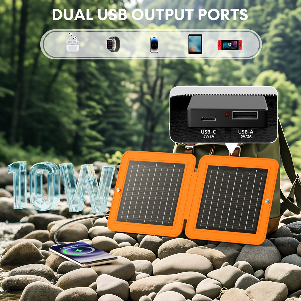 10W Solar Panels,Portable Charger with Dual Smart USB Fast Charging Output,Portable Solar Charger,Ipx5 Waterproof for Iphone,Ipad,Power Bank,Outdoor,Hiking,Camping(Orange）