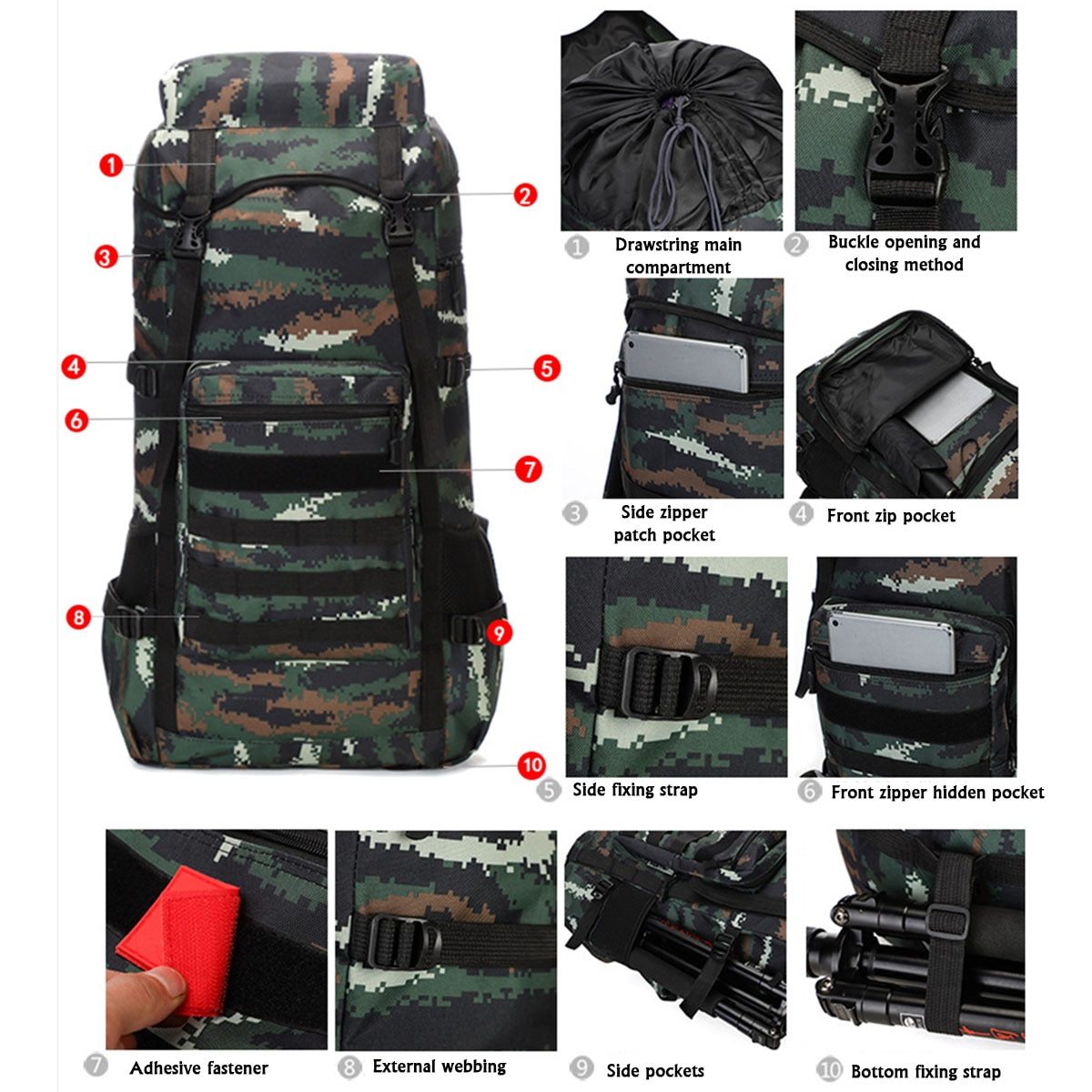 Waterproof Outdoor Camping 70L Military Backpack – view 8 – Pals By Design